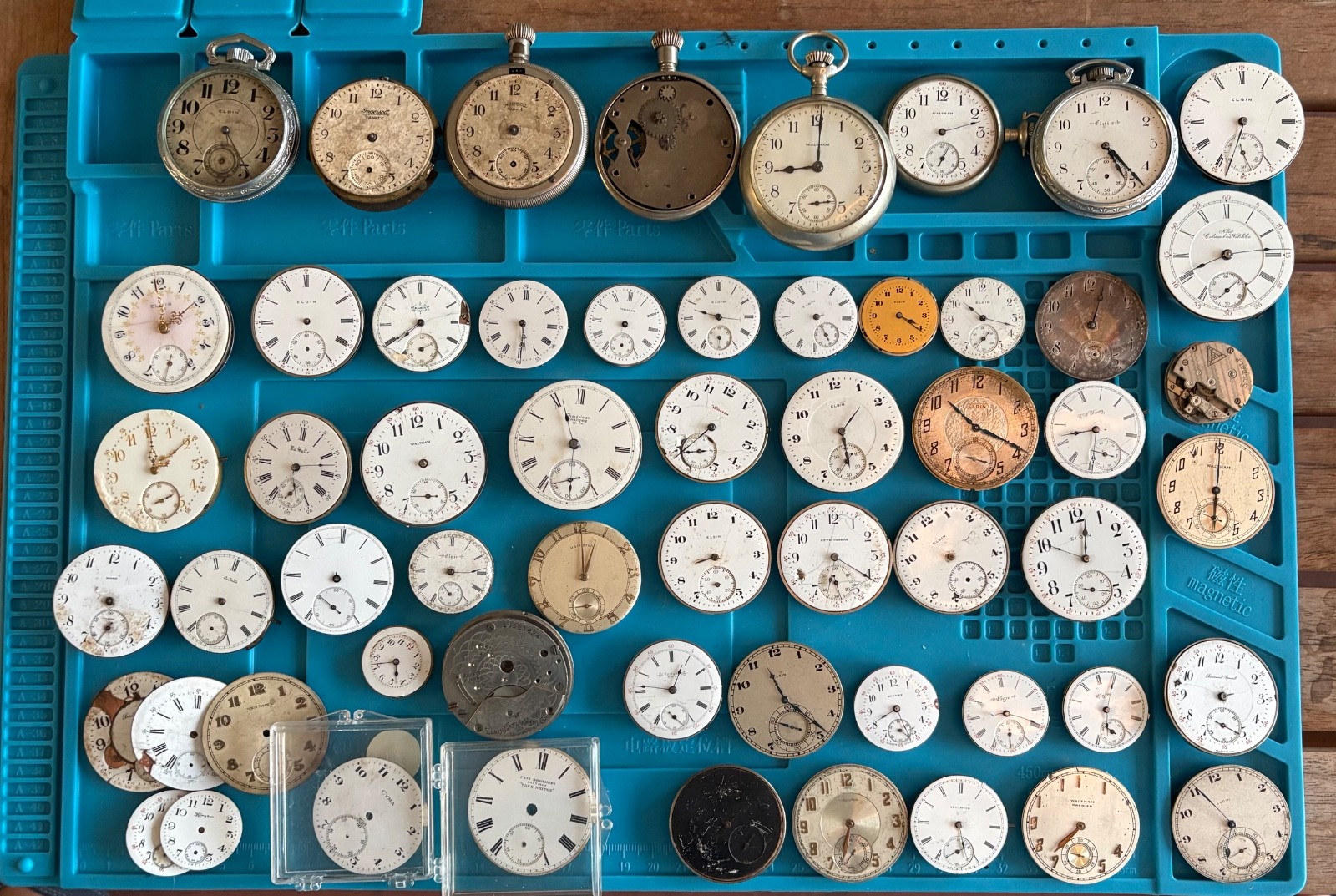 Lot of 51 Pocket Watches and Movements-Elgin-Hamilton-Waltham-Illinois-Silver