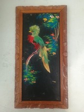 Vintage Mexican Feather Art Bird Picture Carved Wood Frame Folk Art Wall Decor