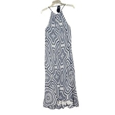 J Crew Dress Womens Medium Navy Blue White Print Halter Maxi Ikat Tassel Viscose