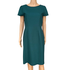 Elie Tahari Green Wool Blend Cap Sleeve Leather Trim Lined Sheath Dress Size 12