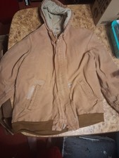 CARHARTT JACKET FR RATED USA MADE DUCK CANVAS FRJ184 HOODED LINED L / T HAS WEAR