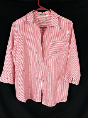 Chicos 0 No Iron Button Top 3/4  Sleeve Red Stripe Bumble Bee 4-6 FreshChic
