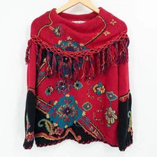 Vintage Michael Simon Red Embroidered Christmas Sweater Large Fringe Holiday 90s
