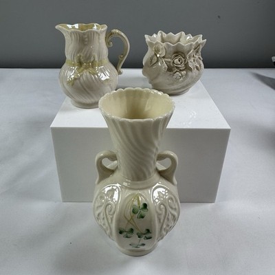 Set of 3 Belleek Ireland, Shamrock  Vase , Yellow Pitcher, Rose Flower Pot