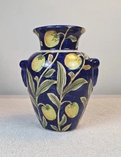 Stunning Vintage Hand Painted Cobalt Blue Olive Branch Lemons 8.5” Majolica Vase