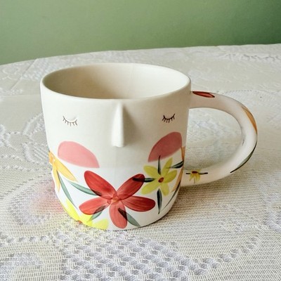 Anthropologie Fotini Tikkou Visage 3D Face & Floral Coffee Tea Cup Mug Ceramic