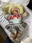 Vintage Cabbage Patch Kids Blonde Yarn Hair Doll Blue Eyes Soft Body Gray Dress