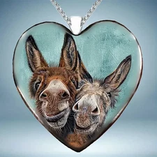 Cute Donkey Pair Heart Shaped Pendant Necklace Animal Donkey Lover Gift New