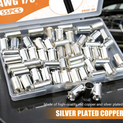 55PCS 1/0 AWG Wire Ferrules Copper Crimp Terminals Silver Plated Ends