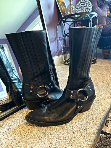 John Fluevog Women’s Black Leather Harness Buckle Boots goth 8 8.5