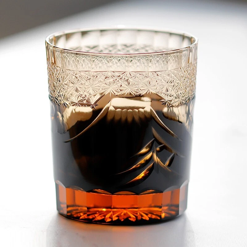 UNMARKED Edo Kiriko Fuji Mountain Hand Cut To Clear Crystal Glasses For Whiskey 9oz Black