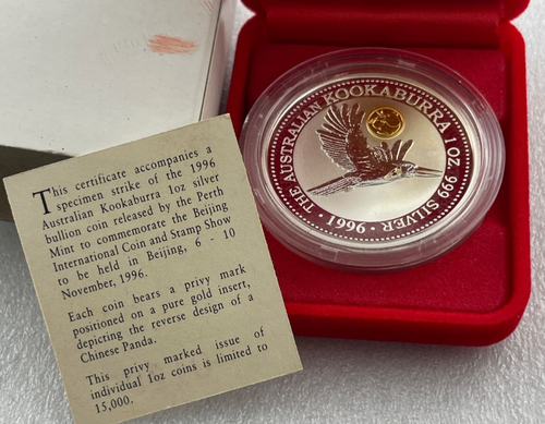 1996 Australian Kookaburra 1oz Silver Coin With PANDA Privy Mark - Perth Mint - - Foto 5 di 7