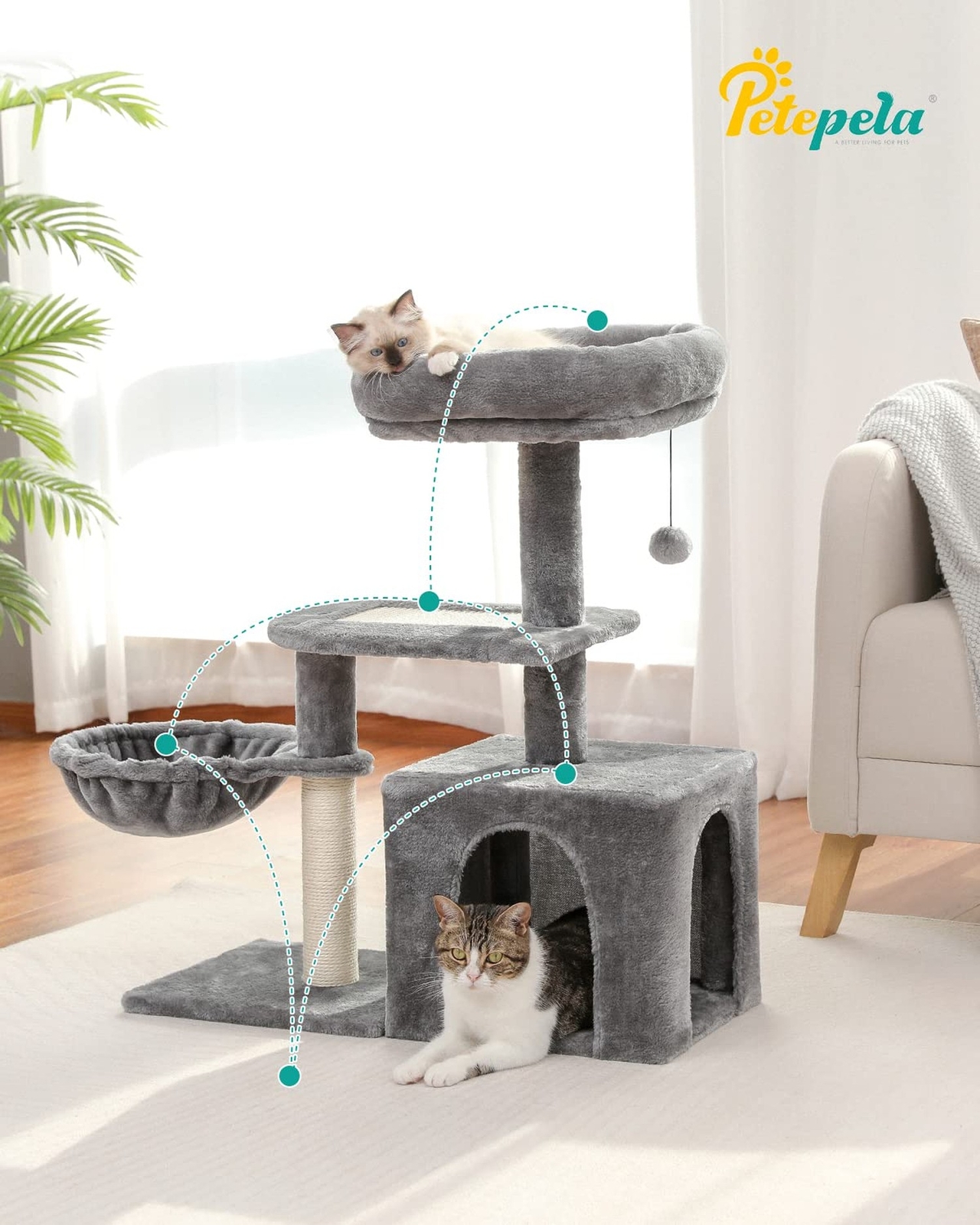 PETEPELA Cat Tree for Small Indoor Cats, Plush Cat Tower with Large Cat