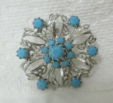 Vintage Silver Tone Blue Rhinestone Flower Brooch