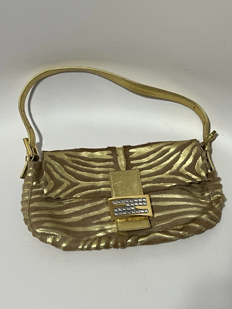 VTG FENDI GOLD ZEBRA PONY HAIR CRYSTAL BAGUETTE BAG