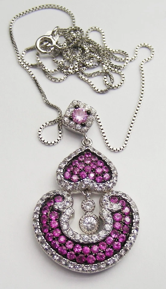 Womens Sterling Silver Necklace, Natural Pink & White Sapphires, New - Image 2 of 2