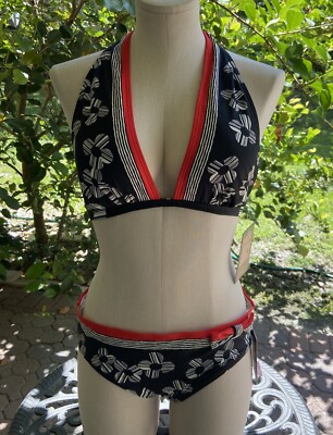 Juicy Couture Bikini Swimsuit 2 Piece Black Tomato Halter Bra&Bottom XL NWT