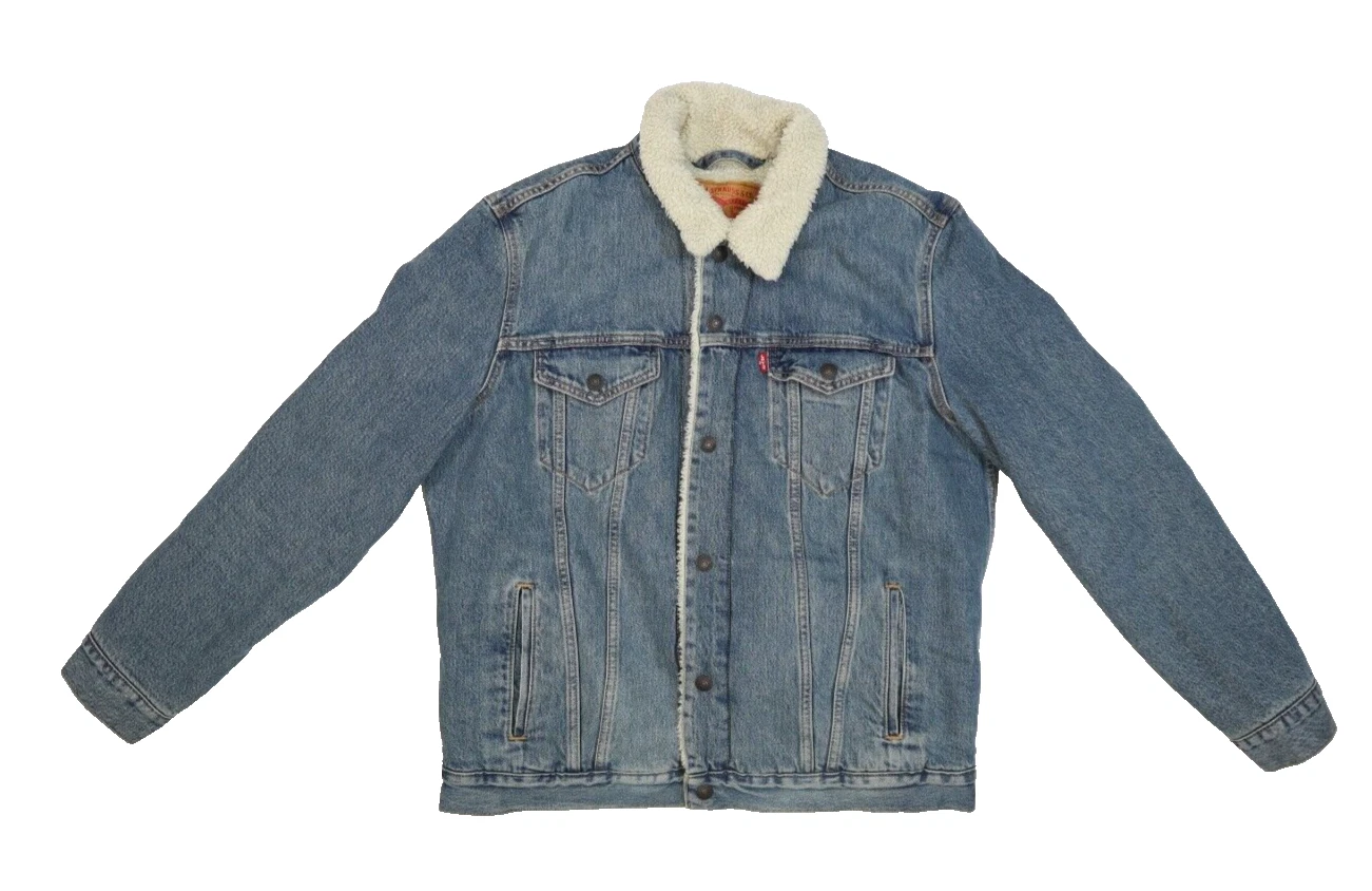 Levi's Strauss Sherpa Lined Snap Button Denim Trucker Jean Jacket Blue Mens L