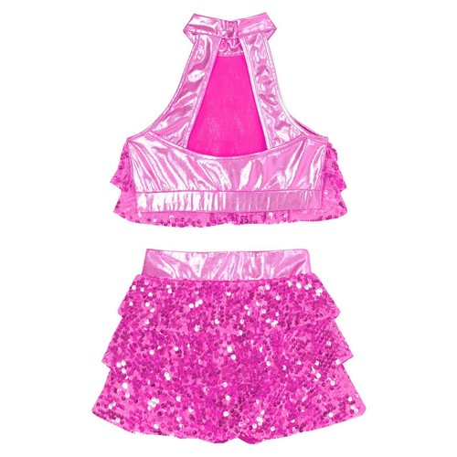 Girls Latin Salsa Samba Rumba Dancewear Sequins Tiered Crop Top with Skirts - Picture 25 of 71