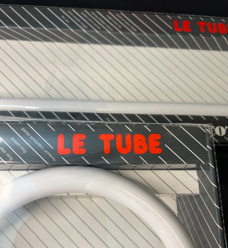 1985 DECOTEC PARIS LE TUBE WHITE PLASTIC TOWEL BARS HAND RING OP ART MEMPHIS ERA
