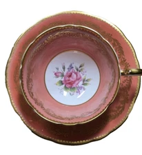 Aynsley Cabbage Rose Coral with Gold Rim Tea Cup & Saucer MINT