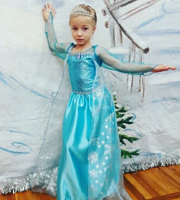 Elsa Girls Fancy Dress & FREE CROWN Headband Frozen Princess Birthday Party  1-8Y