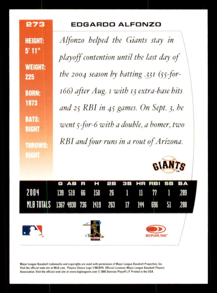 2005 Donruss Team Heroes #273 Edgardo Alfonzo San Francisco Giants - Image 2 of 2