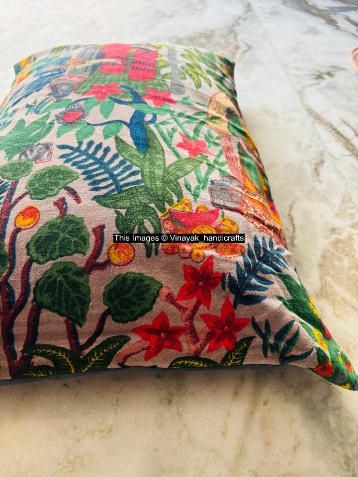 Gray Frida Printed Velvet Cushion Cover Pillow Throw Indian Handmade Cover - Image 4 of 4