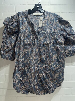 NWT! Bishop + Young Rachel Ruched-Sleeve Blouse - Blue Size XL $98
