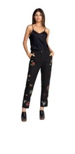 NWT Johnny Was Workshop  ALEXANDRIA WORKER PANTS Zip Chinos Black Embroided SZ S