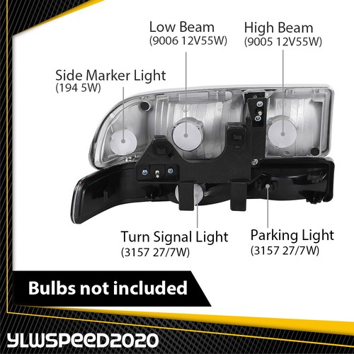 Fit For 98-04 Chevy S10/Blazer Clear Chrome White Corner Headlights Bumper Lamps - Picture 9 of 12