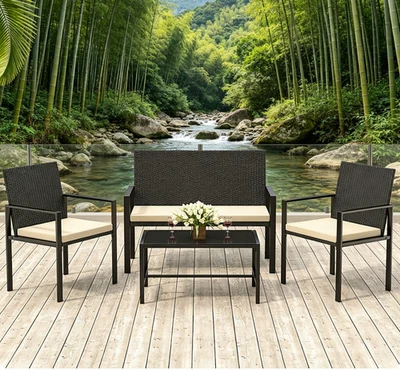 Rattan Sofa Set 4 Piece Garden Furniture Chair Coffee Table Patio Outdoor - Image 1 of 4