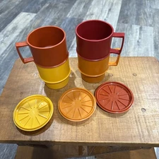 Vintage Tupperware Stackable Coffee Cups Mugs Lot of 4 Harvest Colors Lids READ