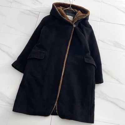 MAX MARA Fur Trim Cashmere Wool Blend Coat Black Wrap Jacket Parka Small Size S