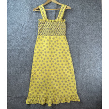 Moodie Dress Small Yellow Retro Mod Shirred Smocked Ruffle Boho Hippie