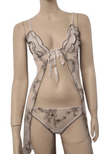 Ladies Sheer White  Black Babydoll  Thong Set Floral Embroidered Lingerie