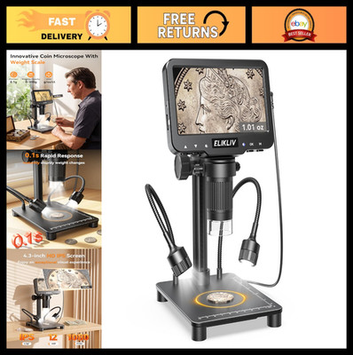 Digital Microscope with Weighing Scale, 12MP Camera, 1080P Video, 4.3'' LCD, Coin