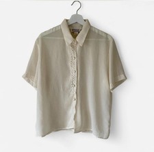 Cream vintage shimmer blouse with lace trim and pearl buttons glam L