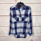 Express Top Womens S Blue Pink Plaid Button Up Shirt Brushed Flannel Pockets