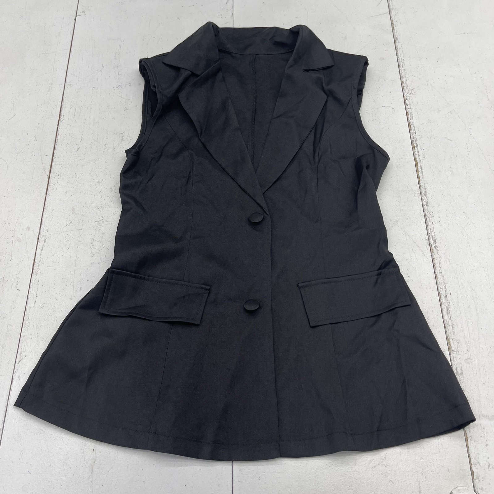 Blazer Vest Womens Small Black Sleeveless Longline Two Button Notched Lapel-image
