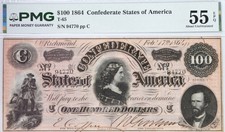 1864 CONFEDERATE STATES $100 NOTE T-65 PMG 55 EPQ