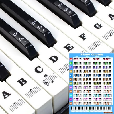 Piano Keyboard Stickers with Chord Chart,for 88/61/54/49 Key,Note Black