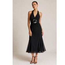 Joseph Ribkoff Black Halter Ruched MIDI Dress WOMEN 4 PLEATED FLOWER DETAIL