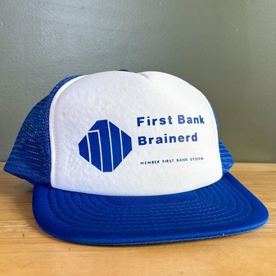 Vintage First Bank Brainerd Minnesota Blue White Mesh Trucker Snapback Hat