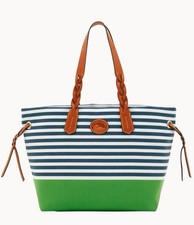 DOONEY  BOURKE Shopper Tote Nylon Green/Navy Blue Stripes, Leather Handles, New
