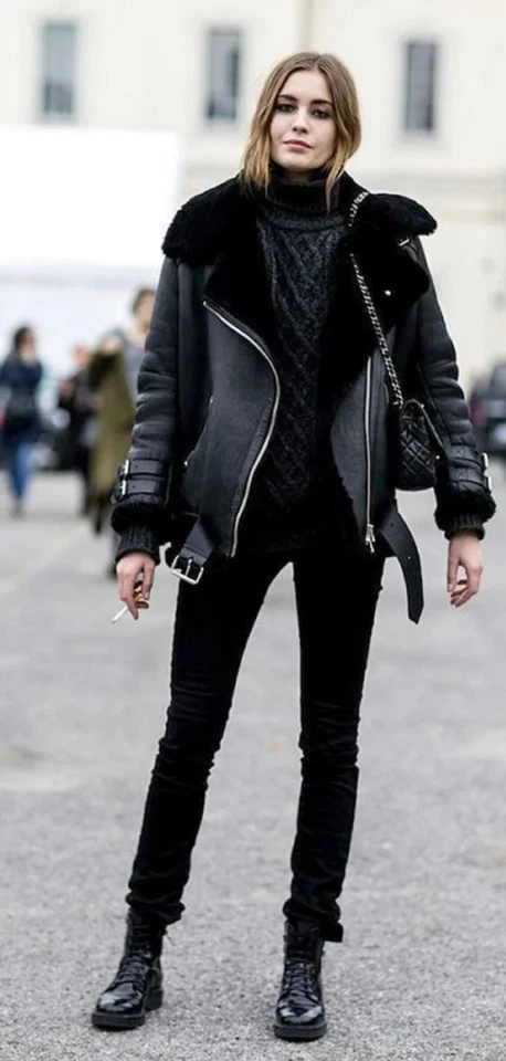 Women's Black REAL Sheep Leather Winter Coat - Black Fur Shearling Lined Jacket - Image 2 of 4