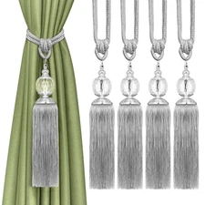 Curtain Tiebacks, 4 Pack Tassel Tie Backs for Curtains, Silver Crystal Drapery R