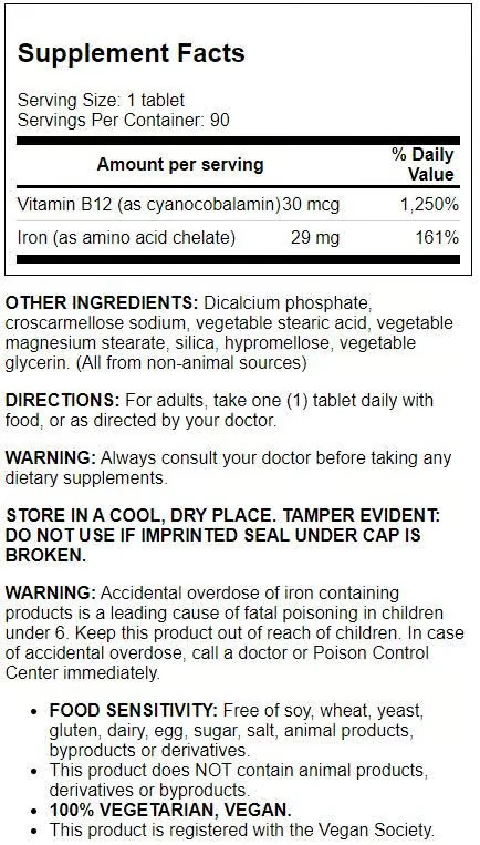Веганское хелатированное железо Deva с добавлением B12 29 мг 90 таблеток - Изображение 2 из 2