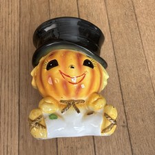 Vintage Lefton Halloween Pumpkin Scarecrow Planter # 6400 Japan 1950’s Adorable
