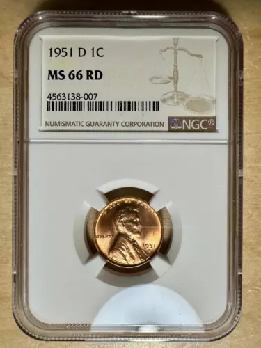 1951-D Lincoln Cent 1¢ - NGC MS 66 RD FULL RED - Gorgeous!     #007
